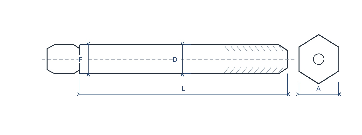Line drawing of a heavy-series hexagon bolt with nominal size, shank diameter, head thickness, length and width across flats marked. Line drawing of a heavy-series hexagon bolt with nominal size, shank diameter, head thickness, length and width across flats marked.