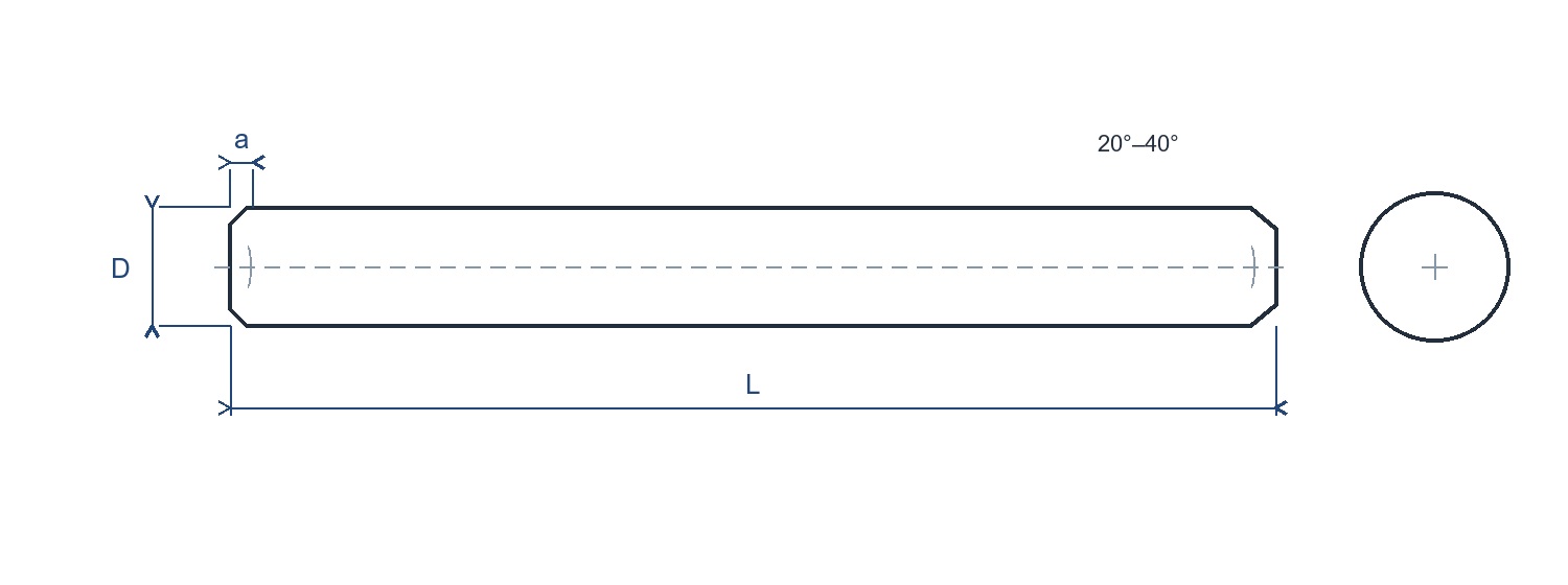 Line drawing of an inch-series parallel dowel pin with diameter, length and chamfer dimensions marked. Line drawing of an inch-series parallel dowel pin with diameter, length and chamfer dimensions marked.