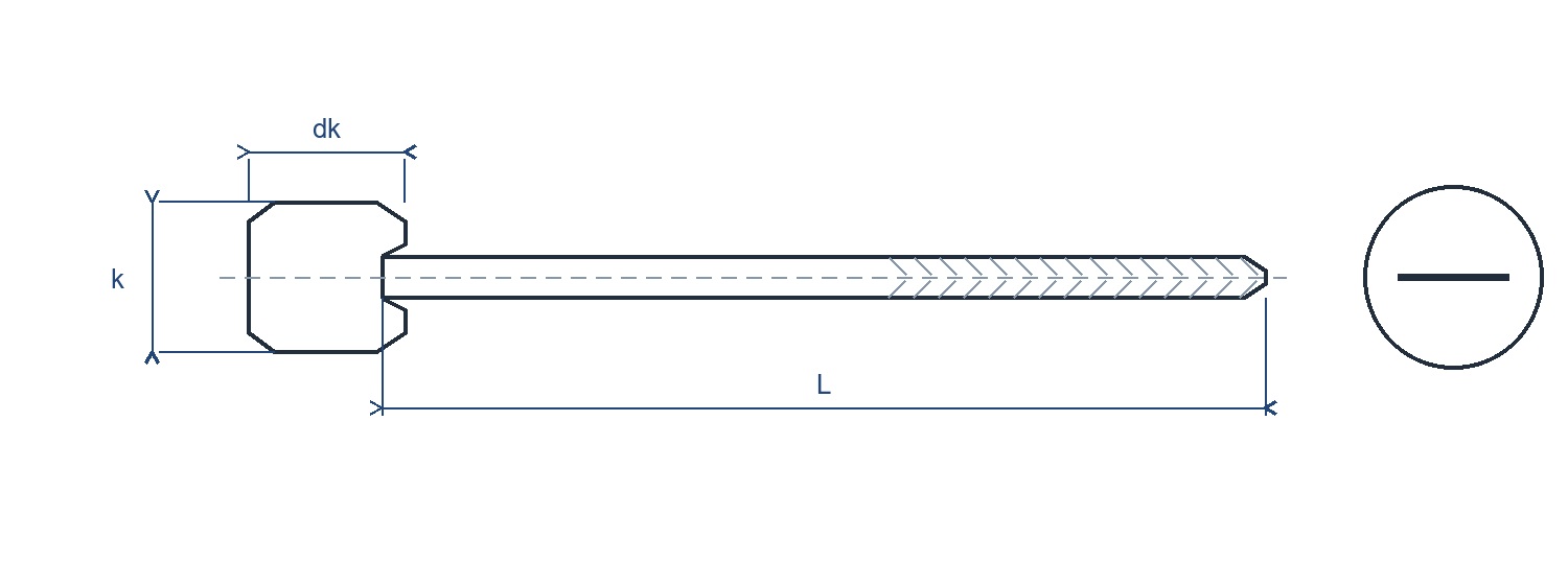 Line drawing of a slotted pan-head machine screw with head diameter, head height, nominal diameter, length and slot detail marked. Line drawing of a slotted pan-head machine screw with head diameter, head height, nominal diameter, length and slot detail marked.