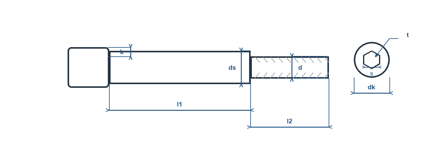 Technical line drawing of a hexagon socket shoulder screw with shoulder diameter, shoulder length, thread diameter, thread length and socket references.