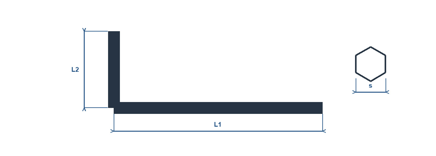 Technical line drawing of an L-shaped hexagon socket wrench key with long-arm length, short-arm length and across-flats size references.