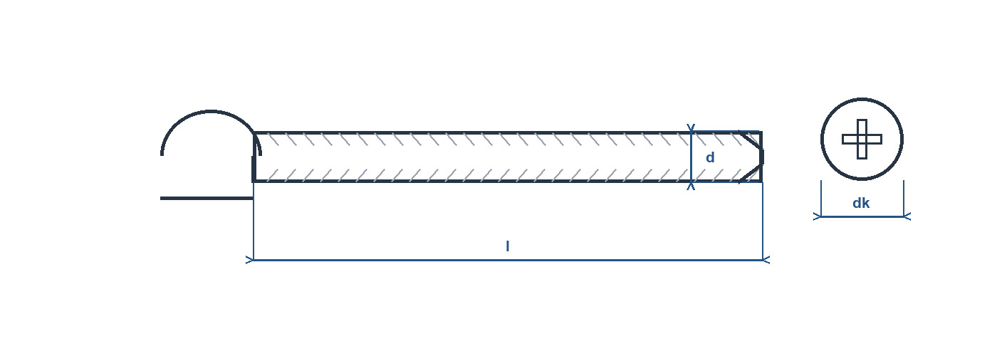 Technical line drawing of a pan-head self-tapping screw with nominal diameter, length, head diameter, head height and drive detail.