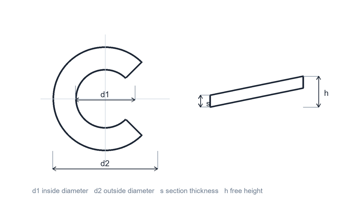 Dimensioned technical drawing of a split helical spring lock washer, Form B, with inner diameter d1, outer diameter d2, section s and free height h.